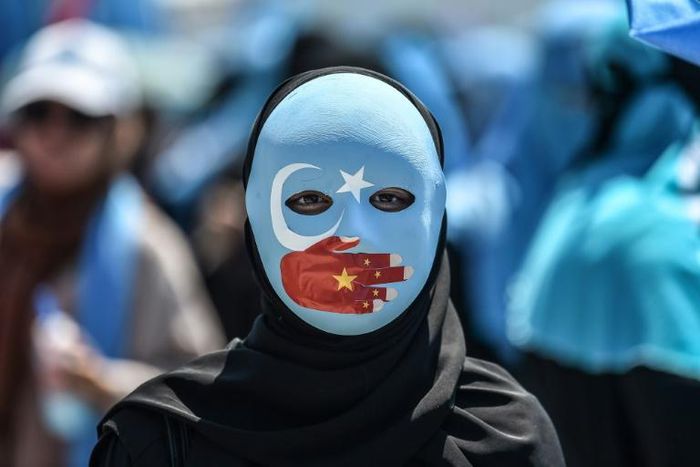 A demonstrator wears a mask with the colors of the East Turkestan flag and a hand depicting the Chinese flag to protest Beijing's treatment of Uighurs outside China's consulate in Istanbul in July 2018