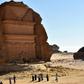 The Qasr al-Farid tomb (The Lonely Castle) carved into rose-coloured sandstone in Madain Saleh, a UNESCO World Heritage site in Saudi Arabia's Al-Ula governorate