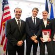 (L-R): Guy Michelier, Consul Honoraire de France-Sacramento; Emmanuel Lebrun-Damiens, French Consul General in San Francisco; Americans Spencer Stone, Anthony Sadler and Alex Skarlatos pose for a photo following an honorary French naturalization ceremo...