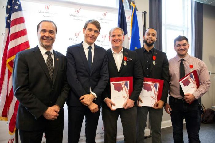 (L-R): Guy Michelier, Consul Honoraire de France-Sacramento; Emmanuel Lebrun-Damiens, French Consul General in San Francisco; Americans Spencer Stone, Anthony Sadler and Alex Skarlatos pose for a photo following an honorary French naturalization ceremo...
