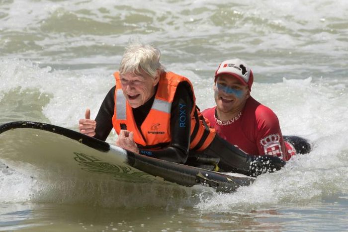 "To be in the water and to feel the movement again, it's really special," says 75-year-old Pamela Hanford, who broke her neck in a surfing accident a year ago