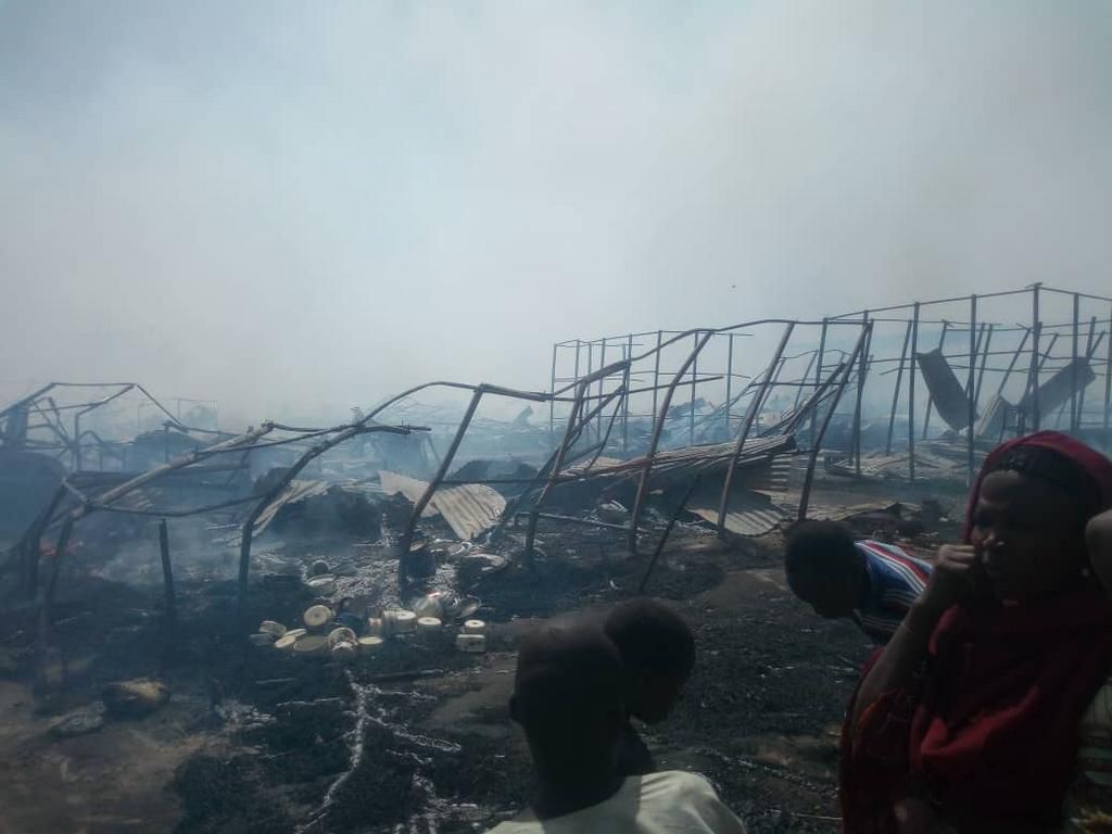 Aftermath of the fire accident in an IDP camp in Monguno, Borno State [Twitter/@tvcnewsng]