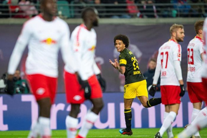 Belgium midfielder Axel Witsel celebrates scoring the winner in Borussia Dortmund's 1-0 victory at RB Leipzig which left them six points clear at the top of the Bundesliga table ahead of defending champions Bayern Munich