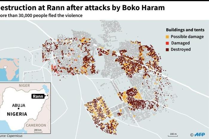 Map of the city of Rann in Nigeria, destruction detected by satellite images.