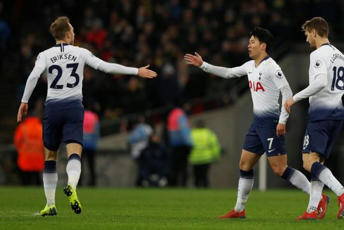 Son Heung-min (centre) celebrates his goal against Watford at Wembley