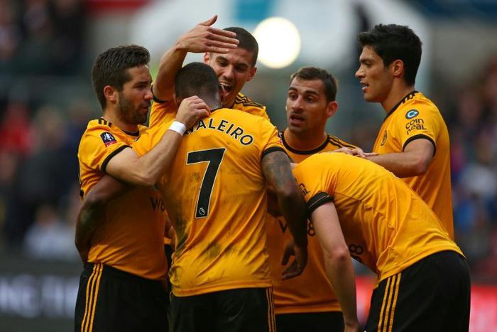 Ivan the great: Wolves midfielder Ivan Cavaleiro (2nd L) is mobbed by his team-mates after scoring the only goal of a 1-0 win away to Bristol City in the FA Cup fifth round