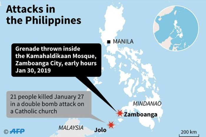 Map locating an attack at a mosque in Zamboanga, southern Philippines on Wednesday, and an attack on the island of Jolo on Sunday