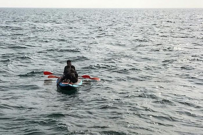 Three migrants who were attempting to cross The English Channel from France to Britain are seen as they drift in an inflatable canoe off the French coast at Calais on August 4, 2018, before being rescued