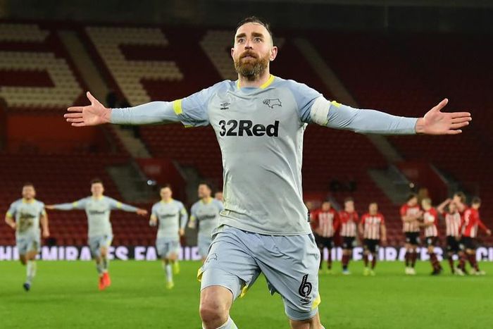 Derby's Richard Keogh celebrates after scoring the winning penalty against Southampton