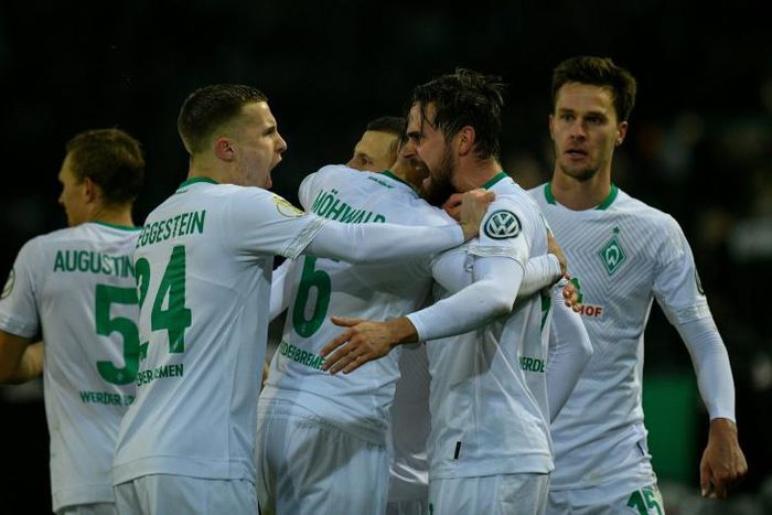 Martin Harnik (second from right) celebrates scoring Werder Bremen's equaliser to make it 3-3 against Borussia Dortmund