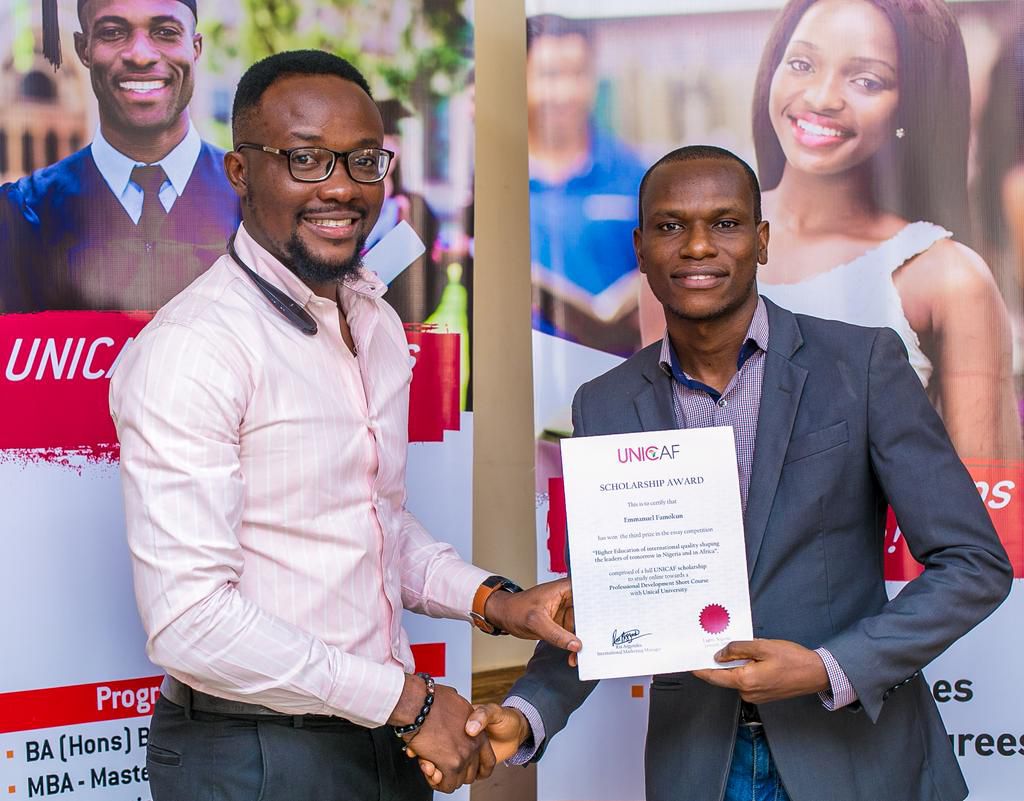 Nigeria essay competition third winner receives scholarship certificate from Emmanuel