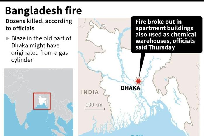 Map of Bangladesh showing the capital where a fire has killed dozens according to officials on Thursday.