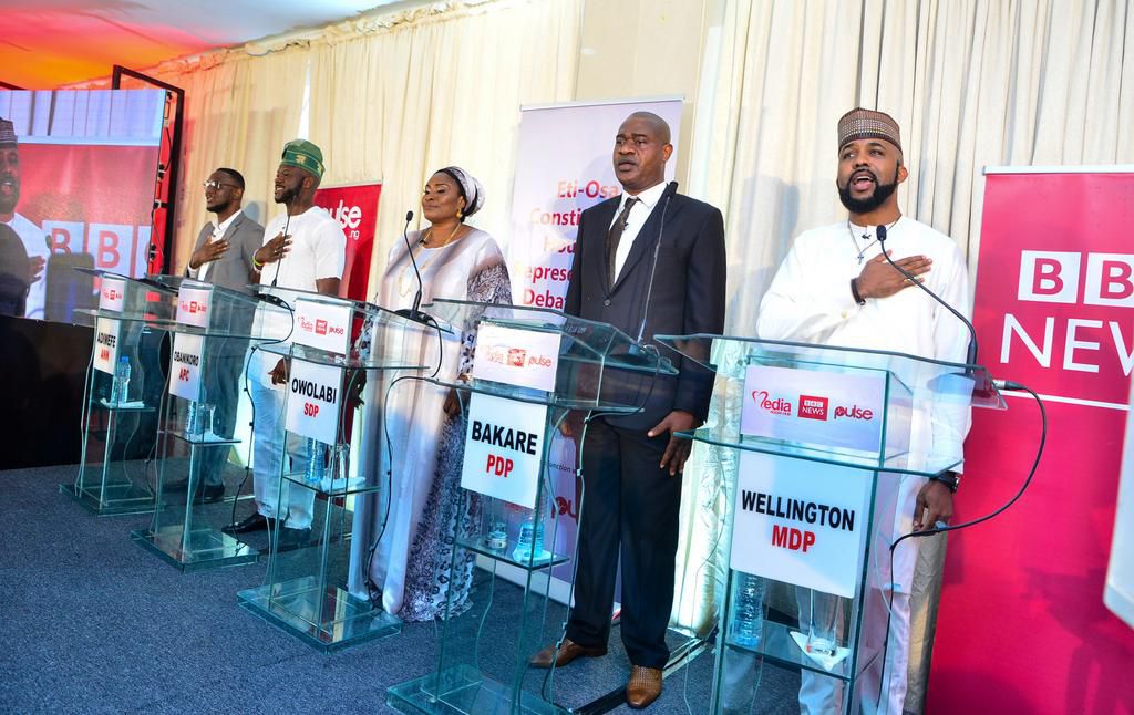 L-R: Ferdinand Adimefe of the Alliance for New Nigeria (ANN), Babajide Obanikoro of the All Progressives Congress (APC), Tessy Owolabi of the Social Democratic Party (SDP), Omotesho Bakare of the Peoples Democratic Party (PDP) and Olubankole Wellington...