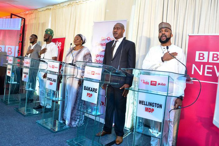 L-R: Ferdinand Adimefe of the Alliance for New Nigeria (ANN), Babajide Obanikoro of the All Progressives Congress (APC), Tessy Owolabi of the Social Democratic Party (SDP), Omotesho Bakare of the Peoples Democratic Party (PDP) and Olubankole Wellington...