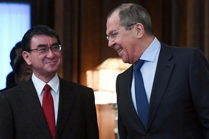 Russian Foreign Minister Sergei Lavrov (R) met his Japanese counterpart Taro Kono for the first time since they agreed last year to increase efforts to sign a treaty to formally end WWII