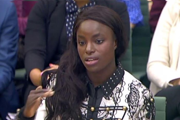 England football player Eniola Aluko gives evidence to the Houses of Parliament in London