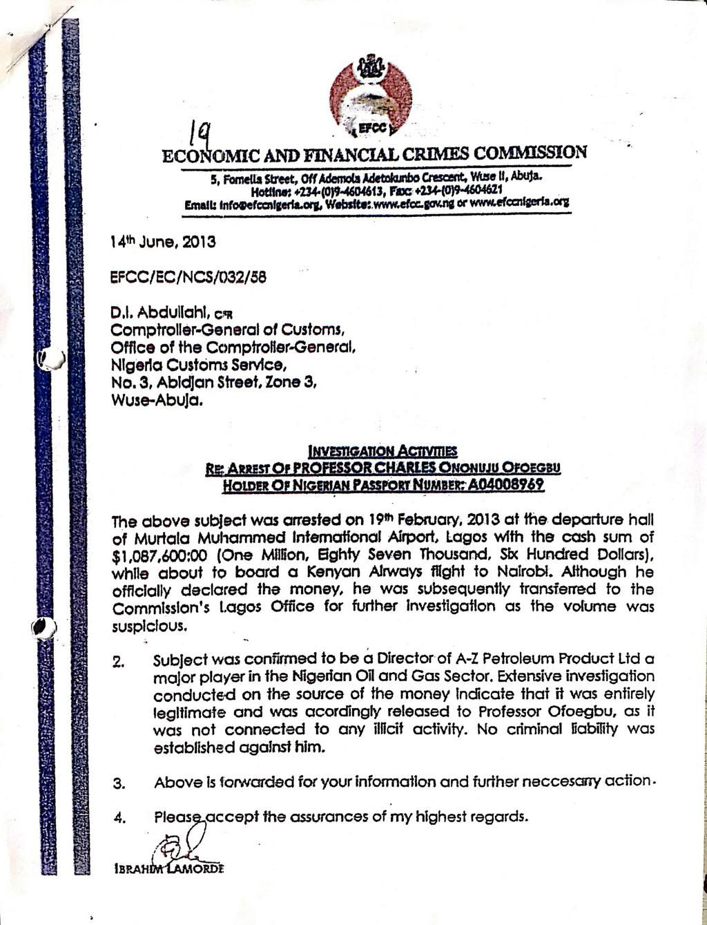 EFCC Chairman letter clearing Prof Ofoegbu of A-Z Petroleum Products Ltd 1 resized