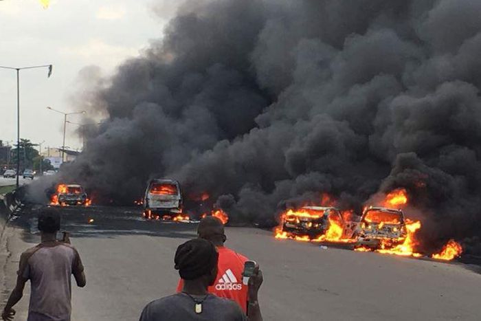Scene of a petrol tanker fire incident which occurred at Berger area of Lagos on June 28, 2018.