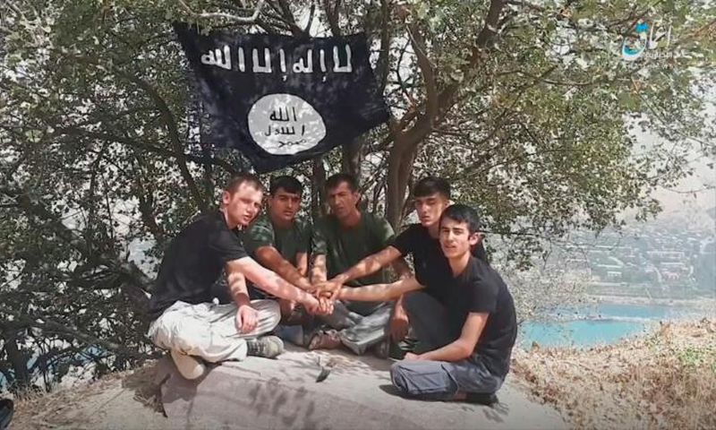 A image taken from a video released by The Islamic State's (IS) Amaq News Agency on July 31, 2018, allegedly shows the five executors of an attack on foreign tourists on a bike tour in southern Tajikistan