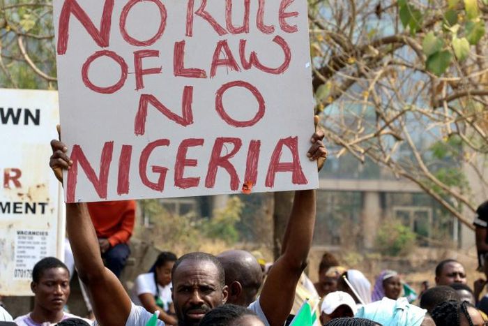 Demonstrators on Monday gathered outside the Bar Association in Abuja over the suspension of Nigeria's chief justice