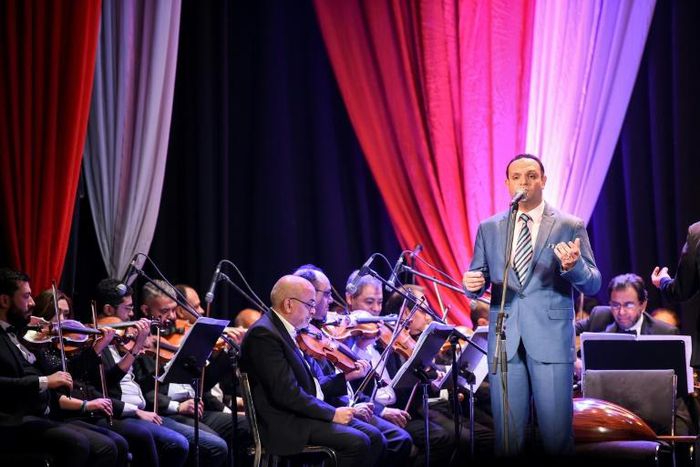 Egyptian classical Arabic music singer Ahmad Adel performs a song by celebrated 20th century Egyptian composer Mohamed Abdel Wahab, at the Arab Music Institute Theatre