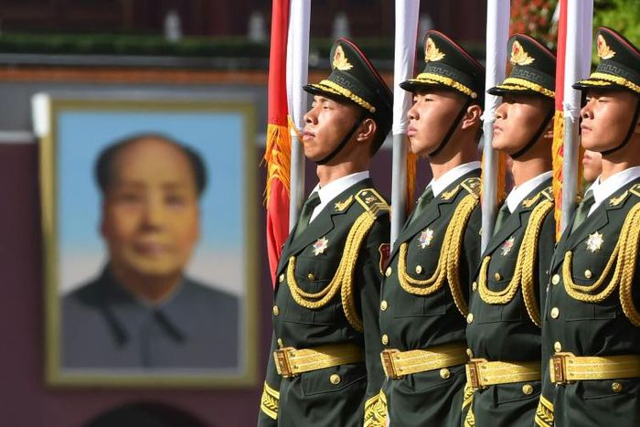 Chinese soldiers outside the Great Hall of the People in Beijing on June 7, 2018