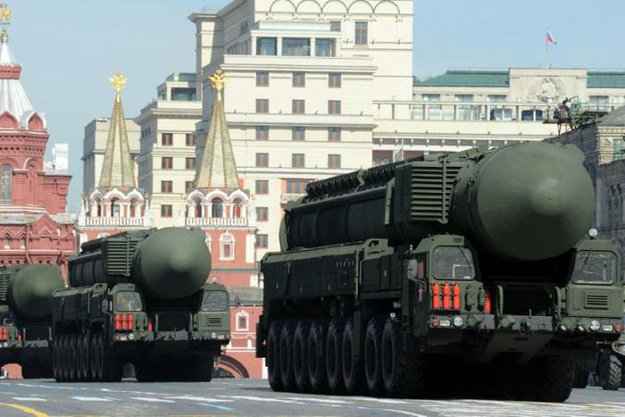 A column of Russia's Topol intercontinental ballistic missile launchers rolls at the Red Square in Moscow, on May 9, 2013, during Victory Day parade