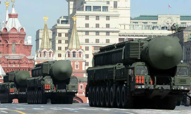 A column of Russia's Topol intercontinental ballistic missile launchers rolls at the Red Square in Moscow, on May 9, 2013, during Victory Day parade