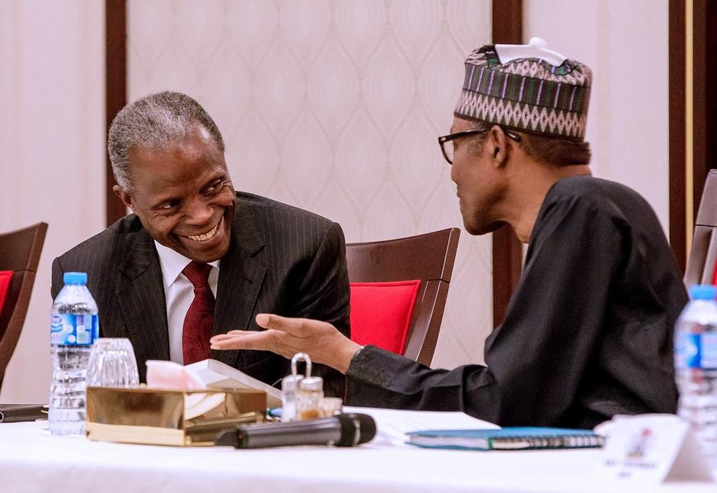 Vice President, Yemi Osinbajo, and President Muhammadu Buhari at the APC's caucus meeting at the State House on August 28, 2018