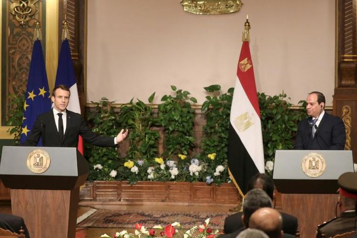 Egyptian President Abdel Fattah al-Sisi (R) and his French counterpart Emmanuel Macron hold a joint press conference in Cairo on January 28, 2019
