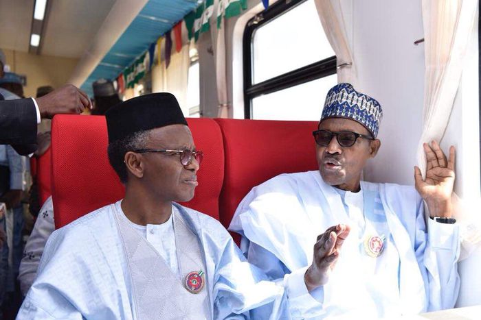 Kaduna State Governor, Nasir El-Rufai with President Muhammadu Buhari at Rigasa train station in Kaduna