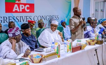 President Muhammadu Buhari, Vice President Yemi Osinbajo, APC Chairman Adams Oshiomhole and the party's national leader siwaju Bola Ahmed Tinubu at the APC Caucus meeting in Abuja on Monday, February 18, 2019