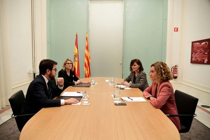Catalan vice-president , Pere Aragones, Catalan regional spokeswoman Elsa Artadi and Spanish deputy prime minister Carmen Calvo had already met for talks last month in Barcelona with Spanish minister for territorial policy Meritxell Batet