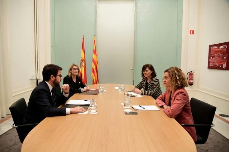 Catalan vice-president , Pere Aragones, Catalan regional spokeswoman Elsa Artadi and Spanish deputy prime minister Carmen Calvo had already met for talks last month in Barcelona with Spanish minister for territorial policy Meritxell Batet