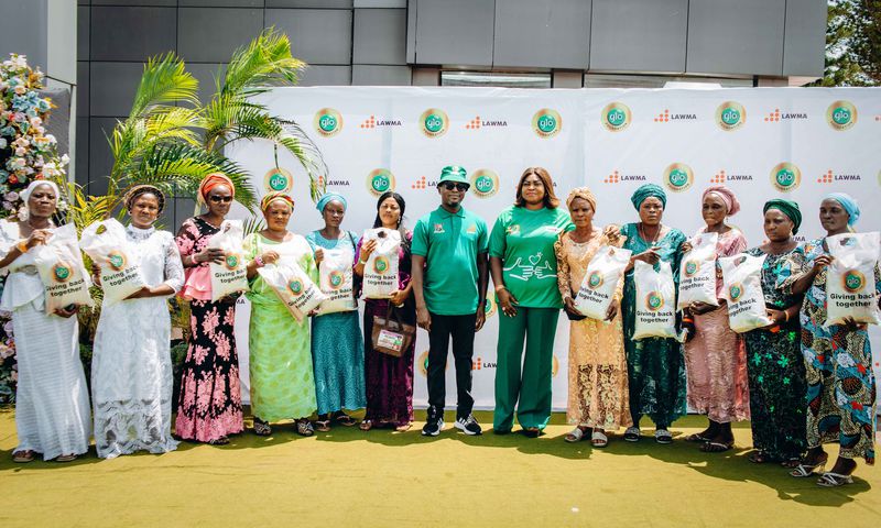 LAWMA MD, Dr Muyiwa Gbadegesin (7th left), Head Corporate Social Responsibility, Globacom, Mrs Jumobi Mofe-Damijo (8th left) with the some staff members of the authority at the Rest and Relaxation event held by Glo Foundation to appreciate  LAWMA staff.