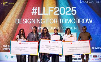 Femi Olayebi, Convener LLF 2025 with Wema Bank, representatives Ayodele Olojede and Tunde Mabawonku, presenting cheques of ₦1,000,000 each to three standout leatherpreneurs at LLF 2025.
