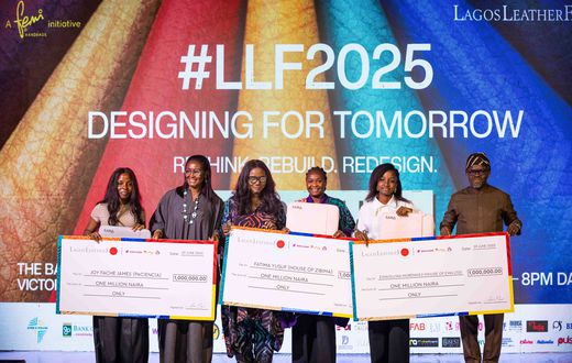 Femi Olayebi, Convener LLF 2025 with Wema Bank, representatives Ayodele Olojede and Tunde Mabawonku, presenting cheques of ₦1,000,000 each to three standout leatherpreneurs at LLF 2025.