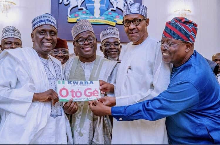 From Left: Dr. Ibrahim Oloriegbe Yahaya- Kwara Central, Pharm. Sadiq Umar - Kwara North, President Muhammadu Buhari and Arch Lola Ashiru- Kwara South