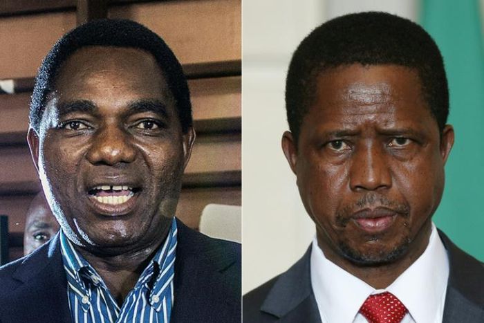Hakainde Hichilema (left), head of the United Party for National Development (UPND) opposition, and President Edgar Lungu