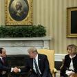 US President Donald Trump (R) shakes hands with his Egyptian counterpart Abdel Fattah al-Sisi in the Oval Office during a meeting on April 3, 2017