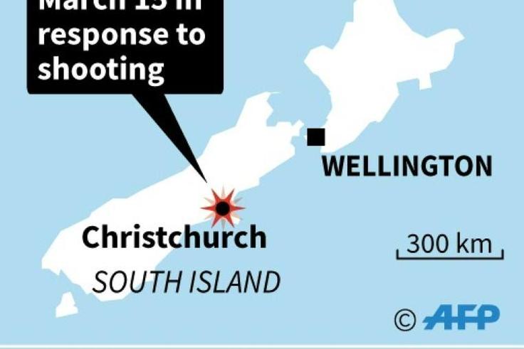 Map locating Christchurch in New Zealand where gunshots have been reported