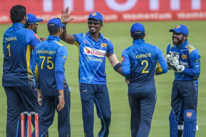 Thisara Perera celebrates the wicket of Quinton de Kock