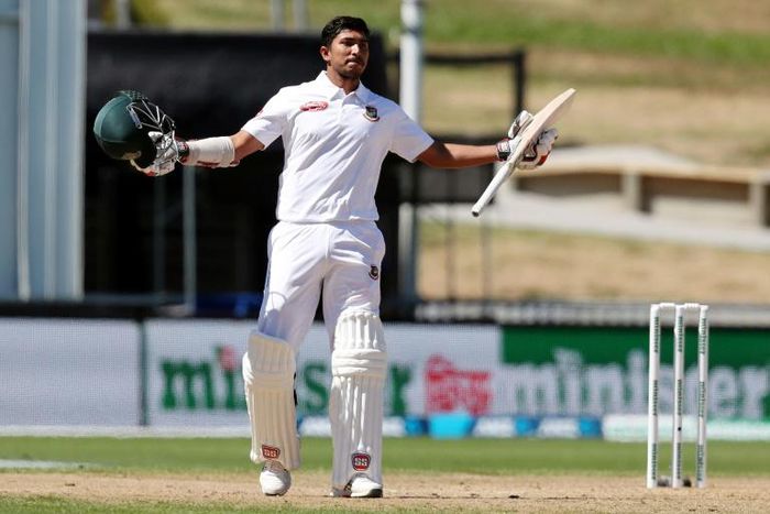 Soumya Sarkar of Bangladesh celebrates a century during day four of the first cricket Test match between New Zealand and Bangladesh at Seddon Park in Hamilton