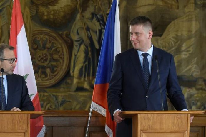 Lebanese Foreign Minister Gibran Bassil (left) said after meeting Czech Foreign Minister Tomas Petricek in Prague that, like Eastern European states, his country had to put national interest first in dealing with migration