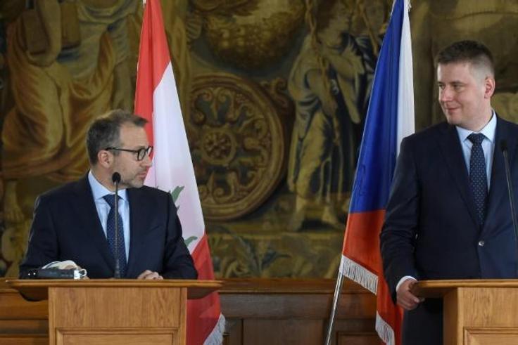 Lebanese Foreign Minister Gibran Bassil (left) said after meeting Czech Foreign Minister Tomas Petricek in Prague that, like Eastern European states, his country had to put national interest first in dealing with migration