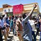 Sudanese protesters chant slogans as they respond to a call to march on the army headquarters in Khartoum