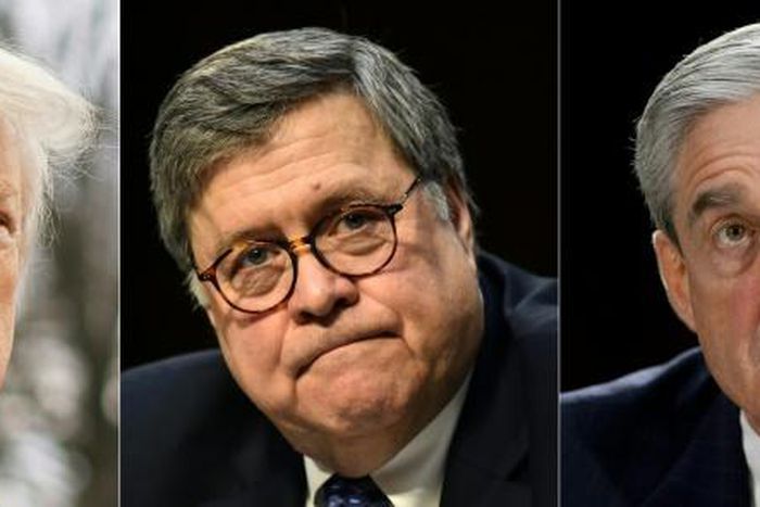 US President Donald Trump (L) is awaiting to hear from Attorney General Bob Barr (C) on the conclusions of Special Counsel Robert Mueller's (R) investigation into Russia's attempt to sway the 2016 presidential election