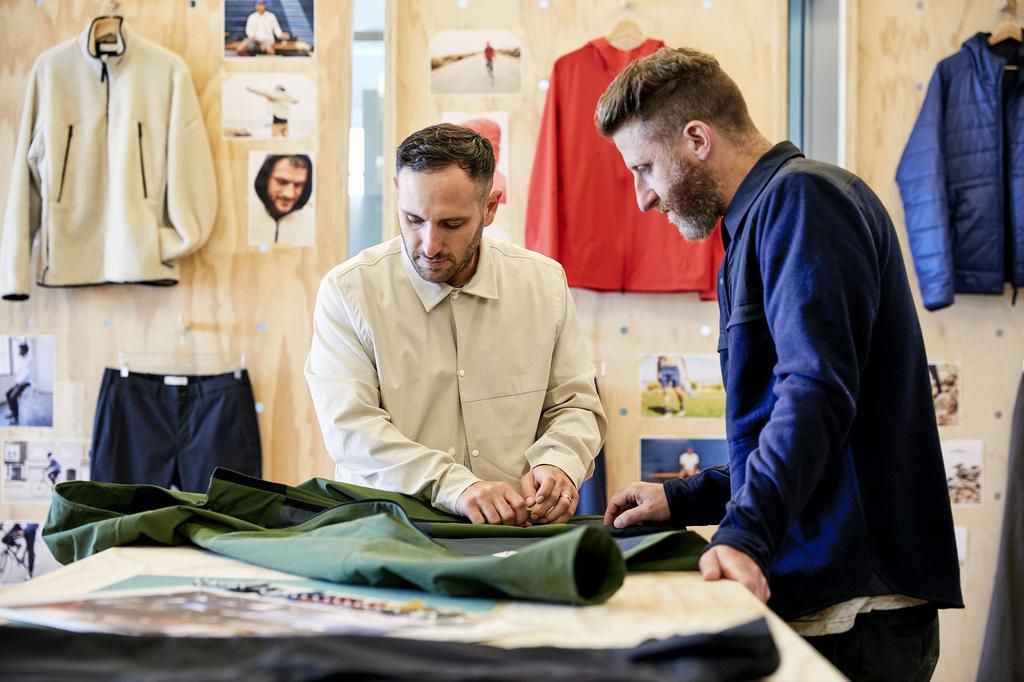 <strong>Two of Hill Citys</strong> lead designers at work. The brands wear-tester program has loyal customers taking prototype clothes for a trial run to provide real feedback on performance.