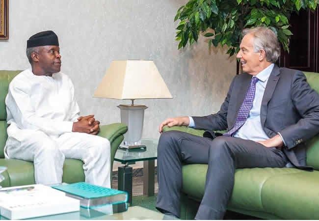 Vice President Yemi Osinbajo and a former UK Prime Minister Tony Blair met behind closed-doors at the Presidential Villa on Friday, April 5, 2019 [Twitter/@MobilePunch]