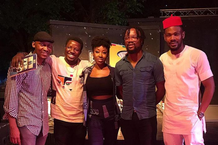 Daniel Effiong (far right) and Beverly Naya (middle) with Kunle Idowu (far left) at the opening of 2019 iREP film festival. [Instagram/etimeffiong]